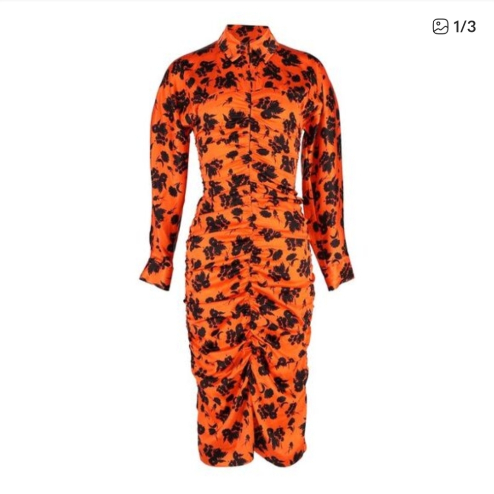 Ganni Black Floral Ruched Orange Satin Shirt Dress